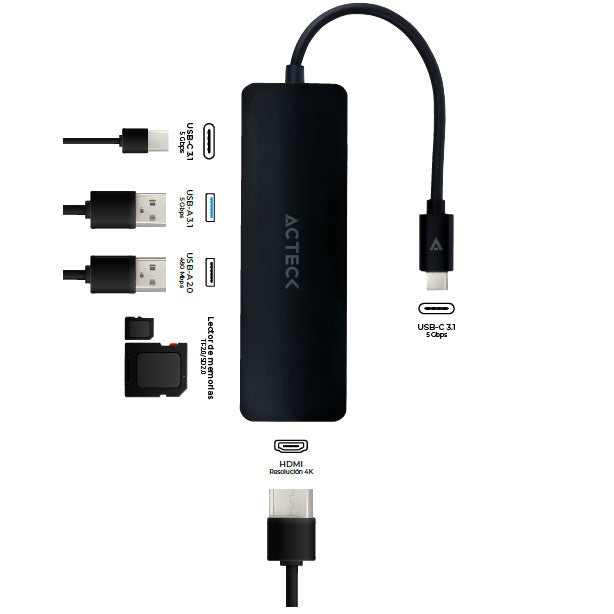 HUB Docking Acteck USB C 6 en 1 Gate 6 DH660 4K HDMI USB A 3.0 USB A 2.0 SD/TF USB C PD cargador