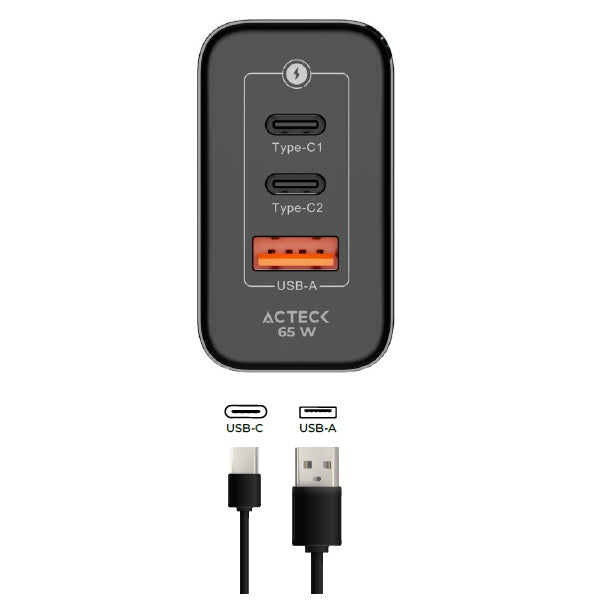 CARGADOR TURBO DE PARED ACTECK CON TECNOLOGIA GAN ENERGON PRO CARGA ULTRA RAPIDA DE 65W 2 USB C