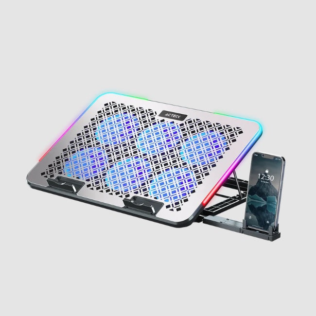 Base Enfriadora para Laptop 15.6 Froost Raw BE630 6xVentiladores 60mm Soporte para celular 2xUSB 7 Niveles de Ajuste RGB Advanced Aluminio