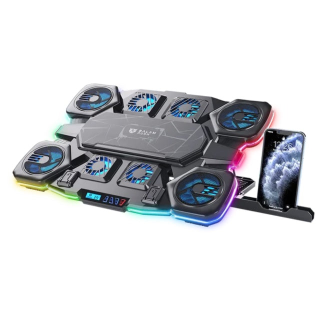 Base enfriadora Balam Rush para laptop 17 Eolox Cryotech EF780 Legend Negro 8Vent 70mm 2xUSB Soporte para Celular 6 Niveles de Ajuste RGB