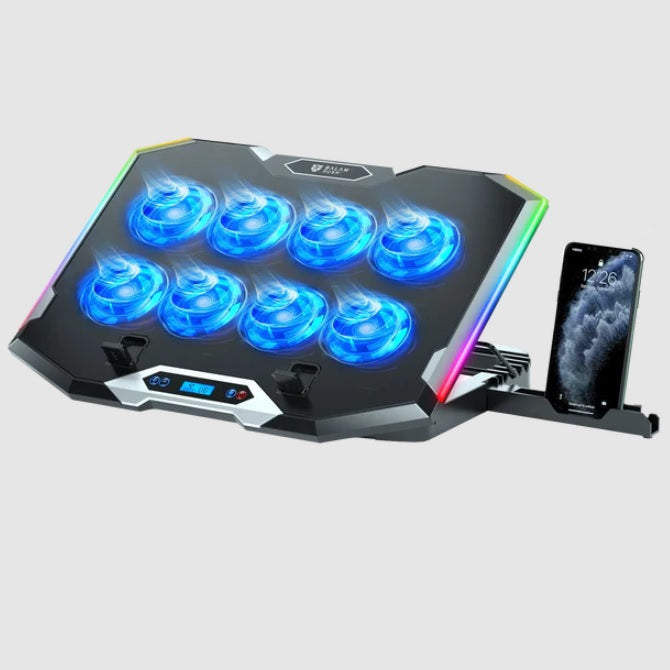 Base enfriadora Balam Rush para laptop 17 Eolox Frost Pro EF760 Legend Negro 15Vent 60mm 1xUSB A 1xUSB C Soporte para Celular 8Niveles de Ajuste RGB