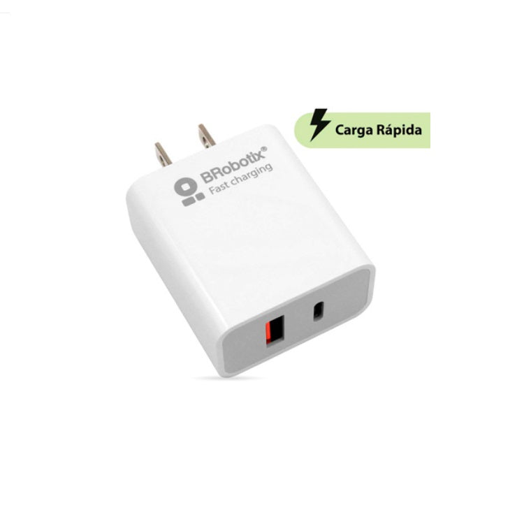 Cargador de pared Brobotix carga rapida Blanco de 18W dual USB V3.0 con 1 puerto tipo A y 1 puerto tipo C 6000502