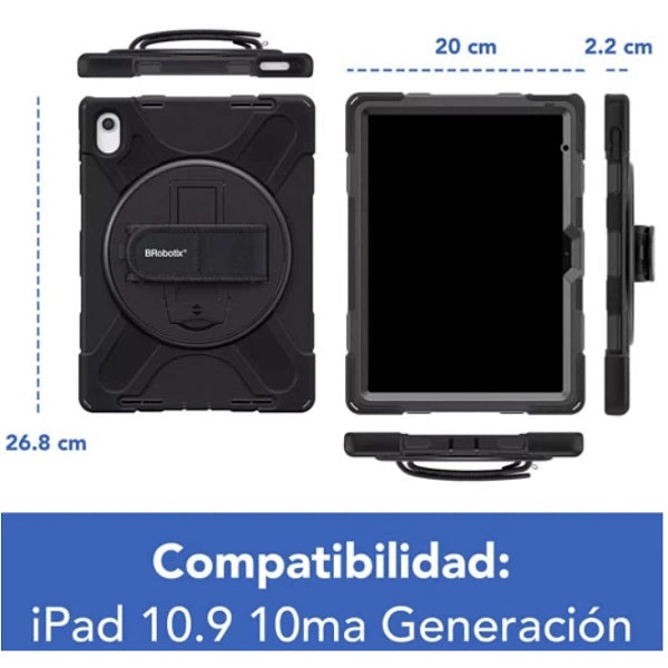Funda Brobotix uso rudo con Correa giro 360º para Ipad 10.9 10ma Generación compatible con Gen10 A2757 Gen10 A2777 Gen 10 A3162 Gen 10 6005231 color Negro
