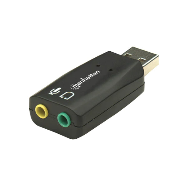 Adaptador de audio Manhattan de USB-A a 3.5 mm con entrada de microfono/salida de audio Compatible con sonido envolvente 5.1 virtual y 3D Modelo 150859