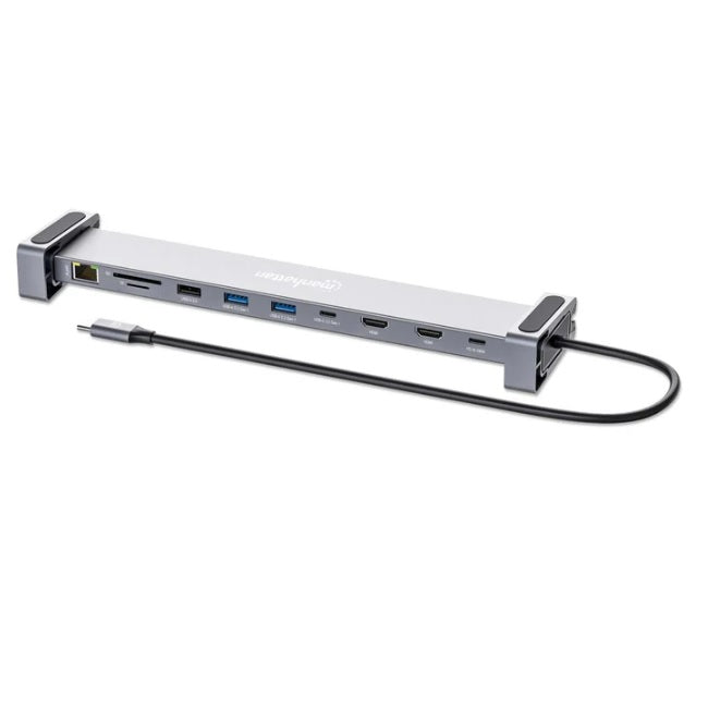 Docking Station Manhattan plata 1xUSB C 3xUSB A 1xPD 1xSD 1xRJ45 2xHDMI 1xMicroSD 269x60x30mm