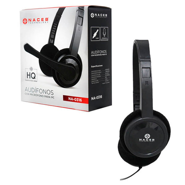 Audífono diadema alámbrico Naceb para pc 3.5mm c/microf 1.5m modelo NA-0316 color Negro