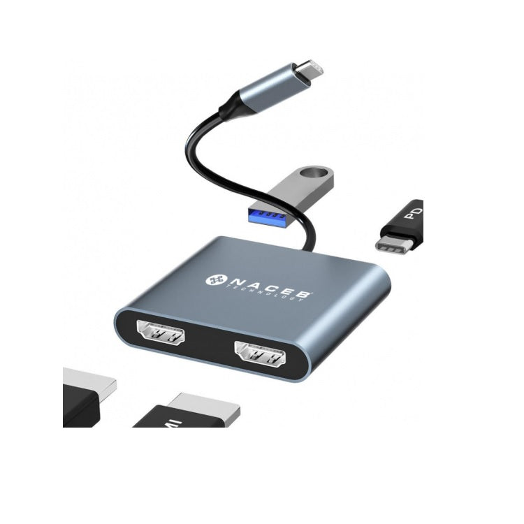 Adaptador Naceb NA-0148 USB-C DUAL HDMI+USB3.0 con PD100W color Plateado
