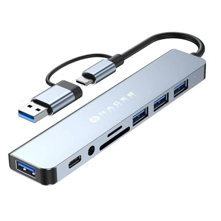 Adaptador Naceb NA-0149 USB-C/A 8 en 1 USB3.0+3 USB2.0+USB-C+SD/TF+AUX color Plateado