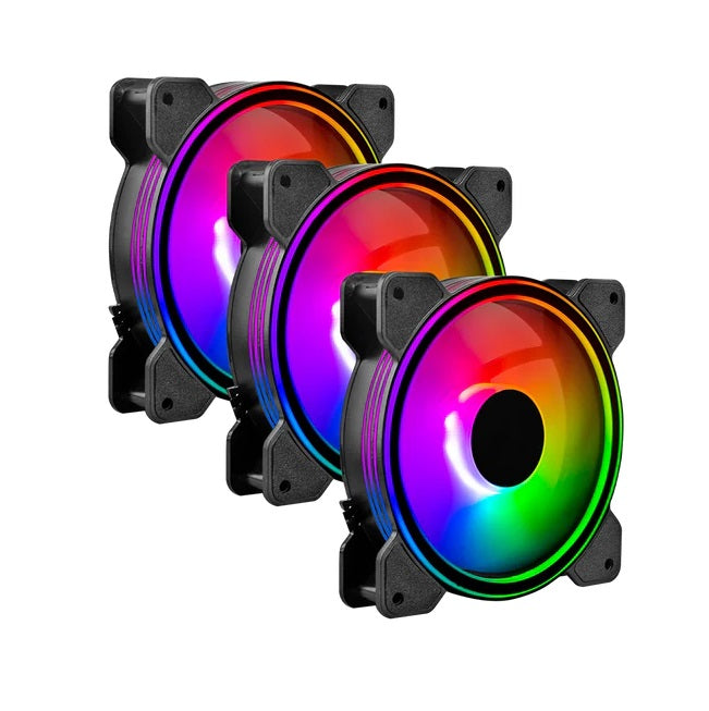 Kit 3 Ventiladores Balam Rush 120mm Negro Eolox Blaze EX50K ARGB borde led Rainbown 120x120x25mm 1200RPM Hidráulico 12V Incluye Hub 4 Pin + 3 Pin