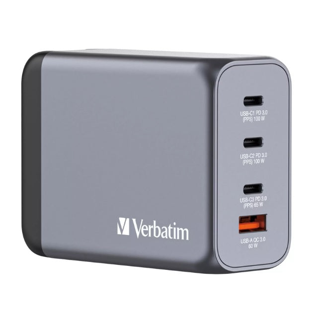 Cargador de pared Verbatim GaN 200 21V 3x USB-C 1x USB-A modelo VB32204 color Gris