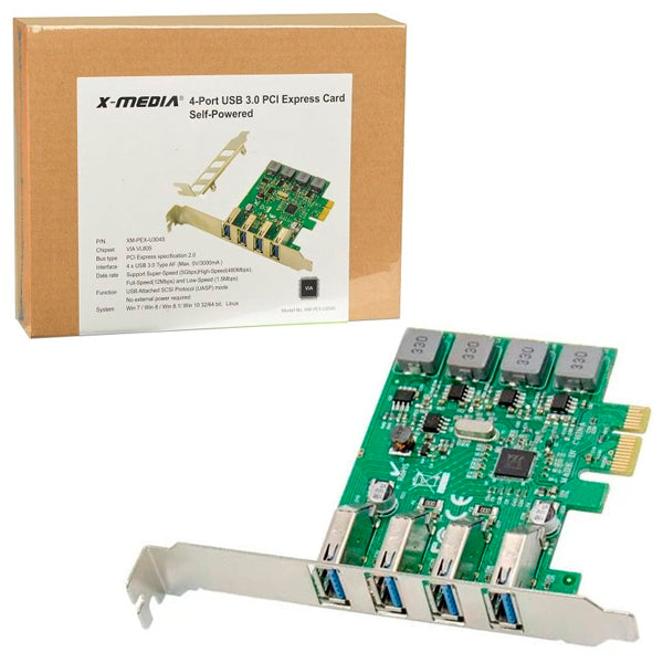 Tarjeta PCI Express X-Media XM-PEX-U304S 4 puertos SuperSpeed USB 3.0 transferencia de hasta 5Gbps por puerto