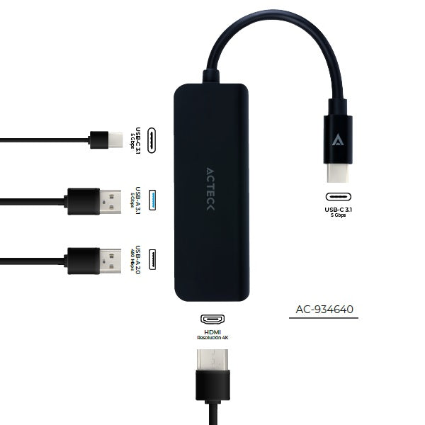 HUB USB ACTECK USB C 4 EN 1 GATE 5P DH645 4K HDMI + 1USB A 3.0 + 1USB A 2.0 + USB C CHARGING