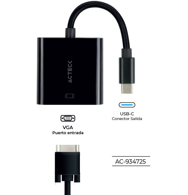 Adaptador Acteck USB C a VGA Shift Plus AV415 Para Video Macho Hembra