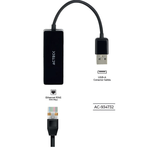 Adaptador Acteck USB Tipo-A a Ethernet RJ45 Shift Plus AE420 Para Red Hasta 100Mbps Macho Hembra