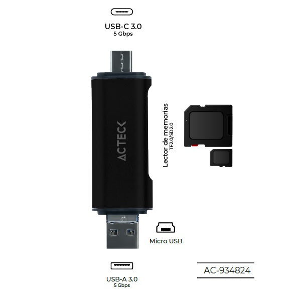 Lector de Memoria Acteck USB A/USB C/Micro USB Gate Edit DH450 Ultra Portátil SD + Micro SD TF