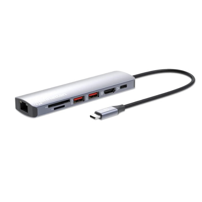 Docking Manhattan USB C 1xHDMI 2xUSB A 1xUSB C Power Delivery (100 W) 1xRJ45 lector de tarjetas SD/microSD aluminio plata