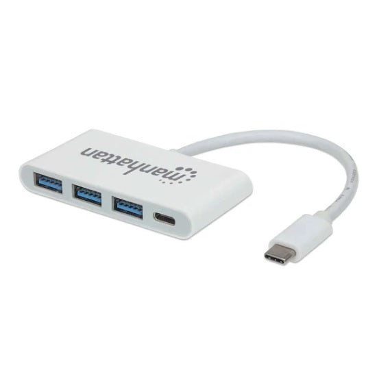 HUB Manattah USB C 4 puertos 3xUSB A 1x USB C Blanco con suministro 60W