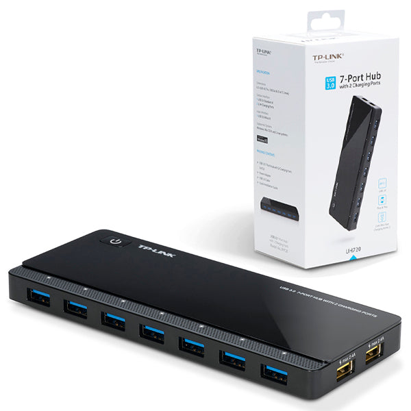 HubTP-Link UH720 con 7 puertos de entrada USB 3.0 y 2 puertos de carga USB 5V/2.4A c/u adaptador de corriente A/C
