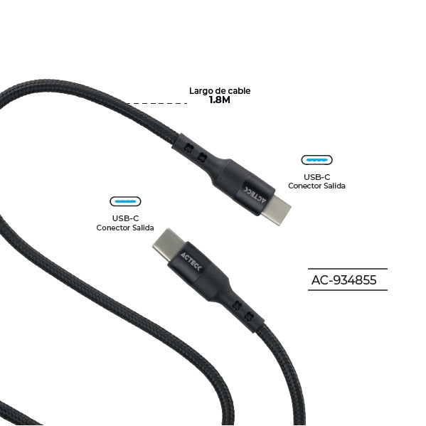 Cable Acteck USB C a USB C Linx Plus CC420 1M Carga Ultra Rápida Hasta 60W Nylon Trenzado Macho Macho