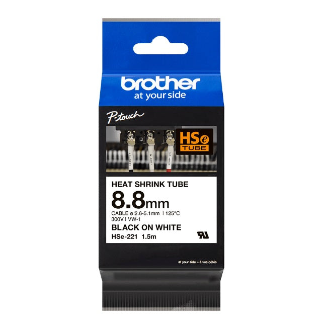 Cinta Brother HSE221 negro sobre blanco termorretractil 8.8mm x 1.5m para PTE300 PTE550W PTP950NW