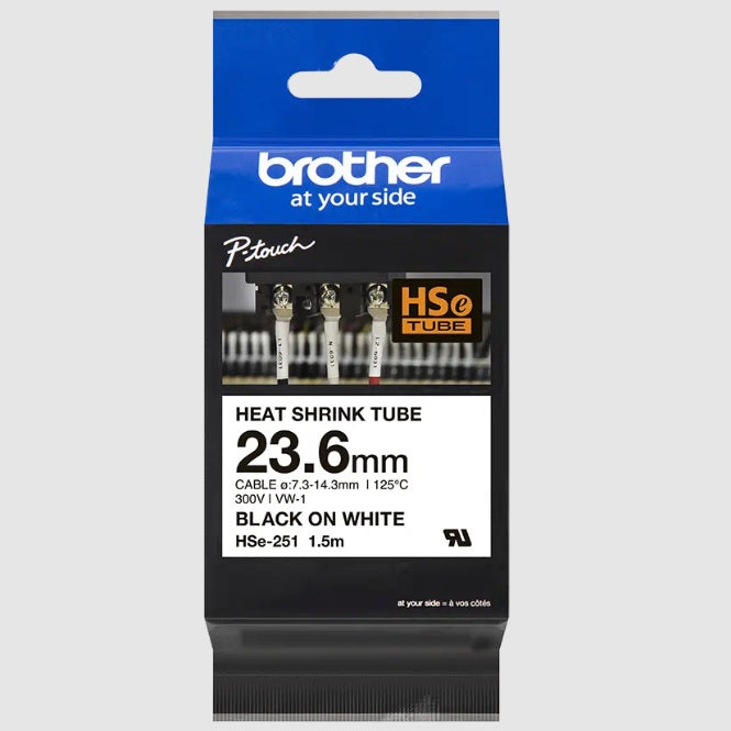 Cinta Brother HSE251 negro sobre blanco termorretractil 23.6mm x 1.5m para PTE300 PTE550W PTP950NW