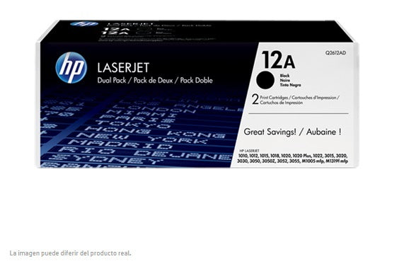 TONER HP 12A Q2612AD NEGRO LASERJET 1010/1012/1015/1018/1020/1022/1022PLUS/1022 DUAL PACK (2 DE 2 000 PAG)