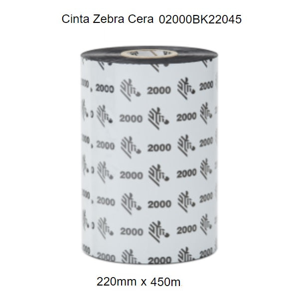 Cartucho de cinta Zebra Ribbon Cera 220mmX450mts Para Impresora Industrial Form 2000 Nucleo de 25mm Precio por Rollo 02000BK22045