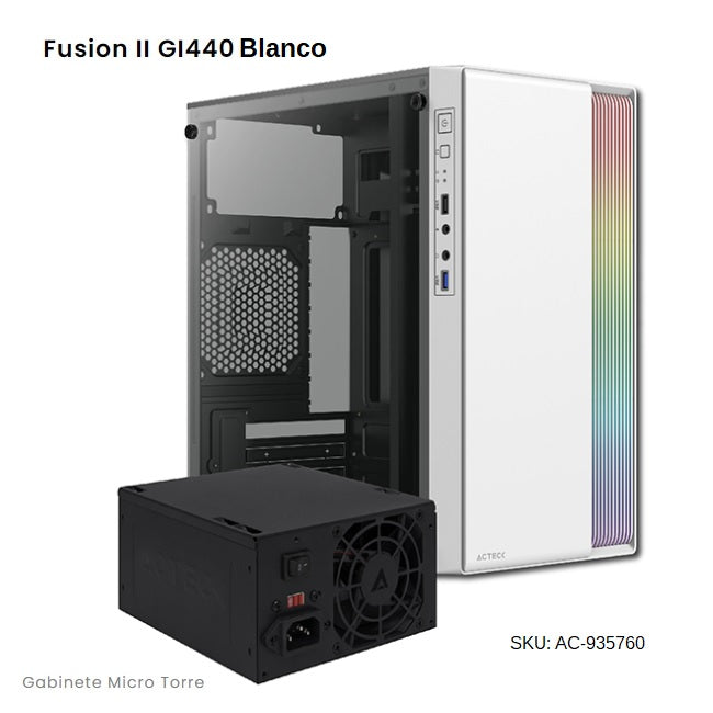 Gabinete Acteck Fussion II GI440 Blanco Fuente 500W Micro Torre con Cristal