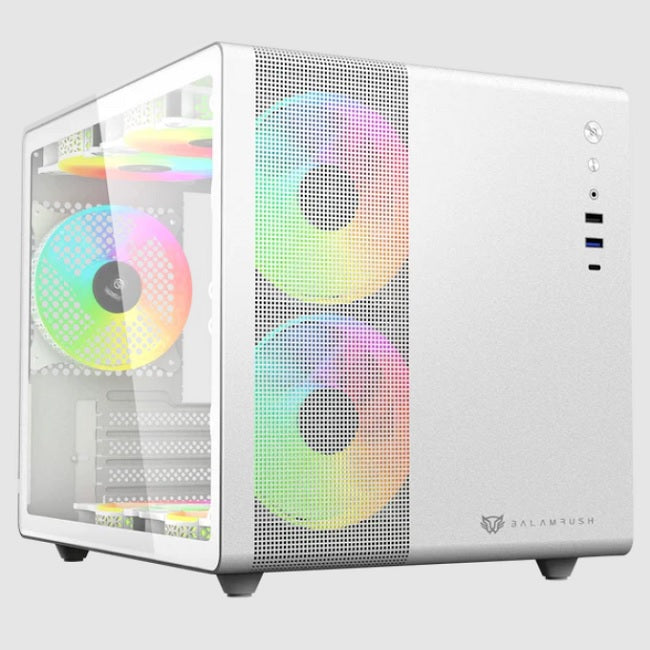 Gabinete Balam Rush Tank Mini GI930 Blanco ventana Mini-Tower ITX/Mini-ATX sin fuente 3 Ventiladores ARGB Instalados