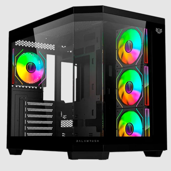 Gabinete Balam Rush Tank Master 9600 TB Media torre negro cristal sin bordes 4xVentiladores ARGB ATX sin fuente