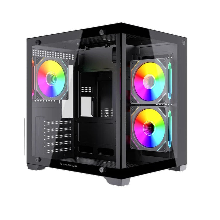 Gabinete Balam Rush Tank Glow Max 3900 Negro Gamer Compact Mini Torre M-ATX 3xVentiladores ARGB Cristal templado ATX
