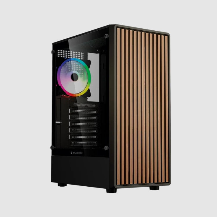 Gabinete Balam Rush Dragonfly Wood GM580 Negro Gamer Compact Media Torre ATX 4xVentiladores ARGB Cristal templado frente con acabado tipo madera
