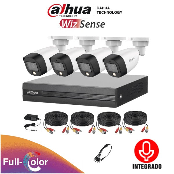 Kit Dahua DH-KIT/XVR1B04-I/4-HFW1239CN-A-LED-0280B 4 canales full color 2 mpx dvr cooper-i wizsens con IA y 4 camaras full color 2 mpx con microfono