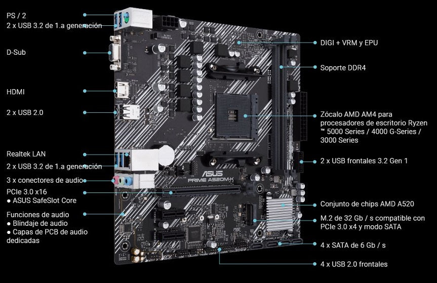 Tarjeta madre Asus Prime A520M-K socket AM4 2xDDR4 HDMI VGA Micro ATX