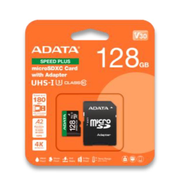 Memoria ADATA 128GB MicroSD Speed Plus con adaptador SD clase 10 A2 U3 V30 180MB/s