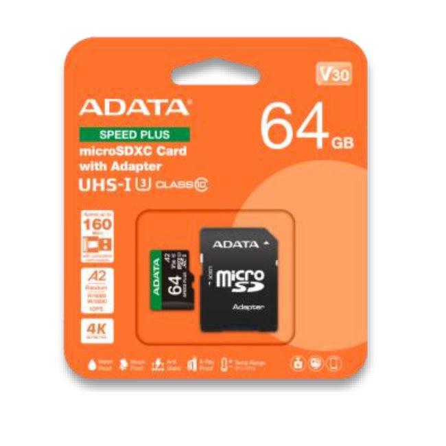 Memoria ADATA 64GB MicroSD Speed Plus con adaptador SD A2 U3 V30 160MB/s