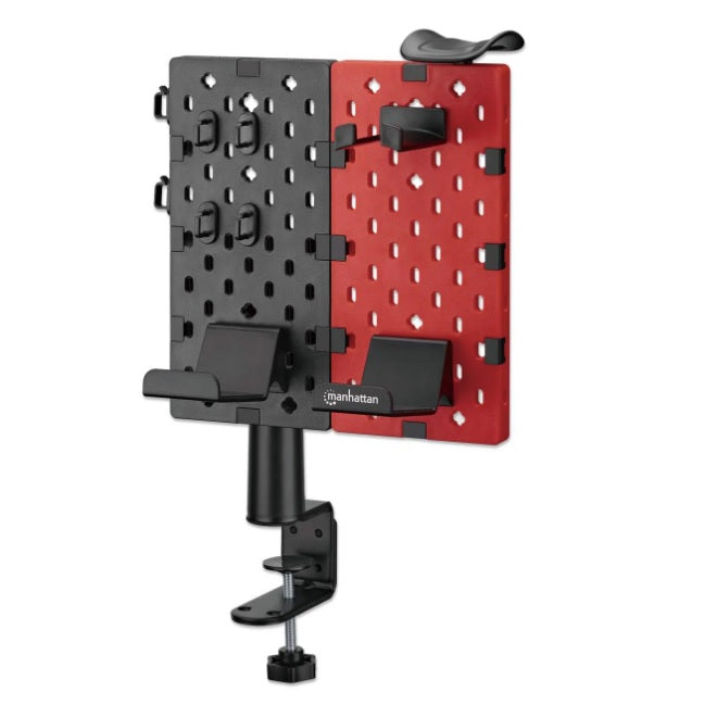 Soporte Manhattan de escritorio con tablero organizador perforado y porta accesorios rojo/negro