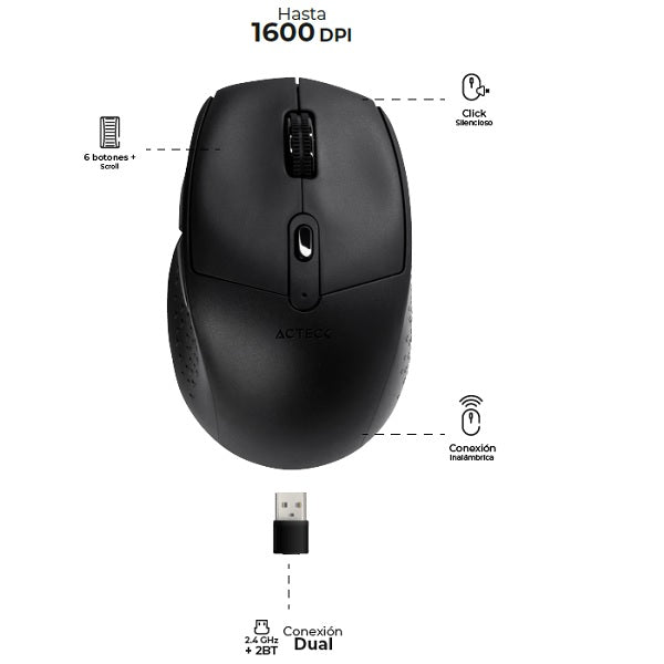 Mouse Acteck OPTIMIZE ERGO MI680 conexion dual Bluetooth/Inalambrico negro 1600DPI