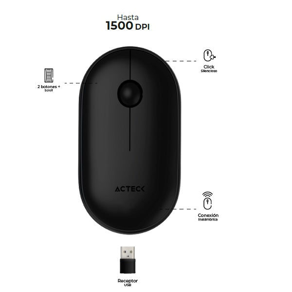 Mouse Acteck Optimize Edge MI460 Inalámbrico Negro Diseño Delgado 1600DPI 2 Botones + 1