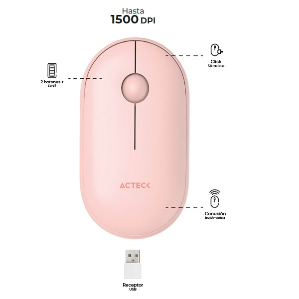 Mouse Acteck Ultra Delgado Optimize Edge MI460 rosa Inalámbrico 1500 DPI bateria AA