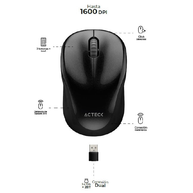 Mouse Acteck Optimize Trip MI480 Inalámbrico Negro Diseño Ultra Portátil 1600DPI 2 Botones +1