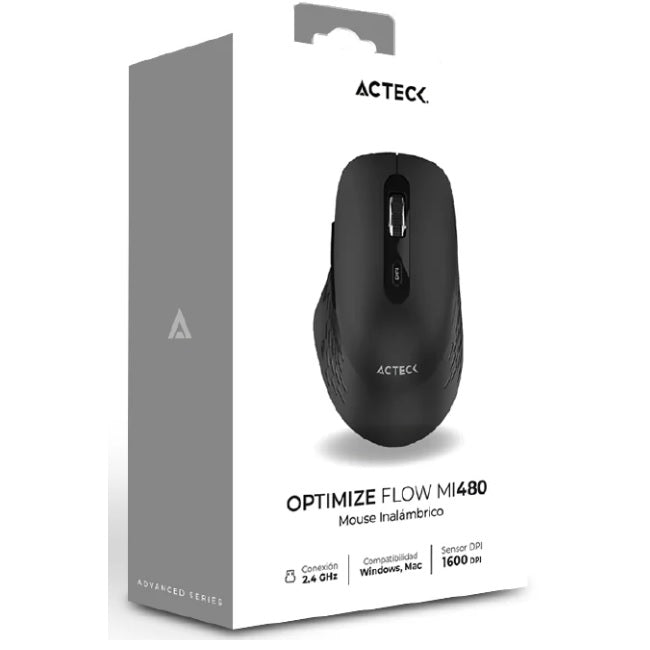 Mouse Acteck inalambrico Optimize Flow MI480 Negro 2.4 MHz 1600 DPI 6 Botones Batería 2x AAA