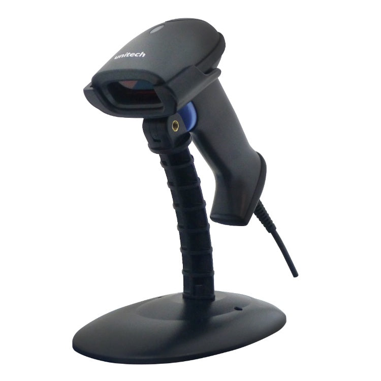 Lector de codigo de barras Unitech MS836 1D laser conexión USB diseño ergonómico lectura rapida y compatible con sistemas POS y retail Incluye base y cable USB