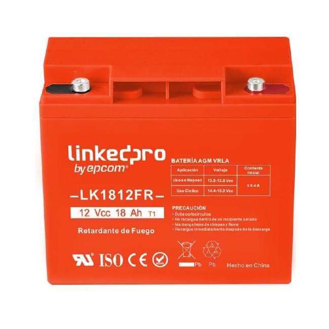 Bateria LinkedPRO by epcom LK1812FR 12 Vcc 18 Ah UL tecnologia AGM-VRLA para uso en equipo electronico alarmas de intrusion incendio control de acceso video vigilancia terminales terminales T1