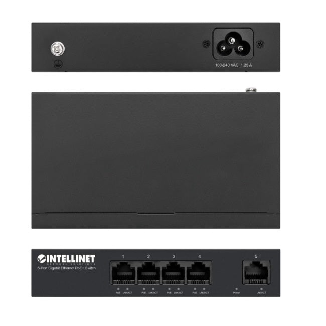 Swicth Intellinet 5 Puertos PoE+ Gigabit presupuesto de energia PoE de 40W escritorio, opcion de montaje en pared
