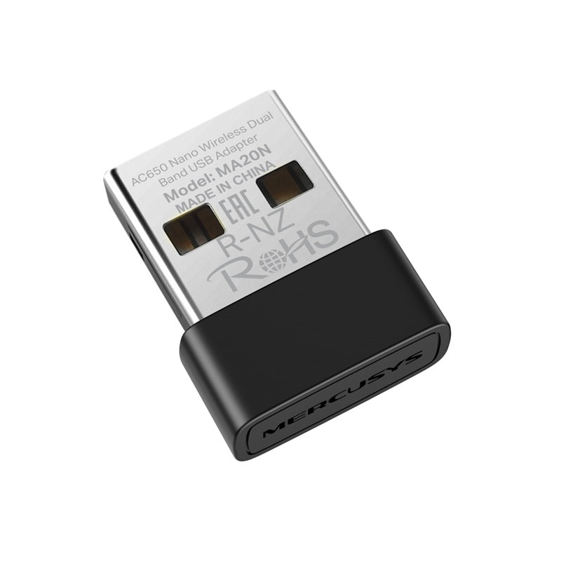 Adaptador inalámbrico Nano USB 2.0 Mercusys MA20N Dual Band AC650 (2.4Ghz hasta 200Mbps y 5Ghz hasta 433Mbps) plug and play