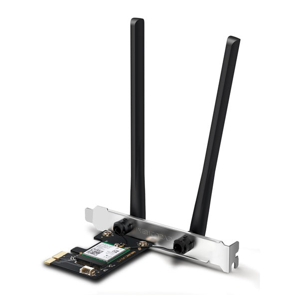 Adaptador inalámbrico PCIe Mercusys MA80XE Wi-Fi 6 AX3000 Bluetooth 5.2 con 2 antenas fijas no compatible con bracket low-profile sistema operativo Windows 11/10 64bit