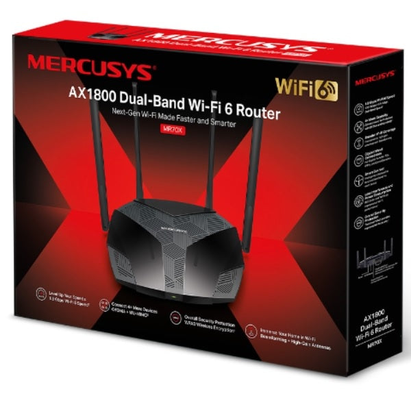 Router Wi-Fi 6 Mercusys MR70X AX1800 MU-MIMO OFDMA 1 x RJ45 WAN y 3 x RJ45 LAN gigabit 4 antenas 5dBi modo AP SmartConnect