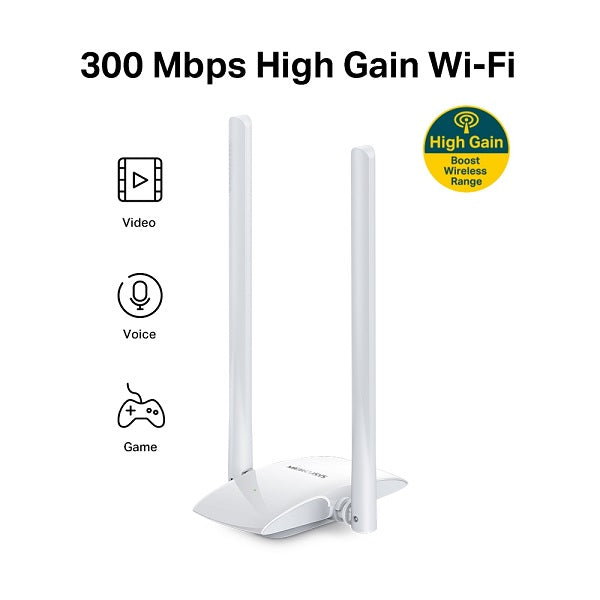 Adaptador inalámbrico USB 2.0 Mercusys MW300UH N 300Mbps 2.4GHz de alta ganancia 2 antenas 5dBi 2x2 MIMO