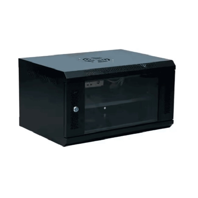 Gabinete Saxxon SXR6U5406A de Pared Negro / 6UR / Puerta de Vidrio Templado / Dimensiones útiles: Alto 37 x ancho 53 x profundidad 40 cm